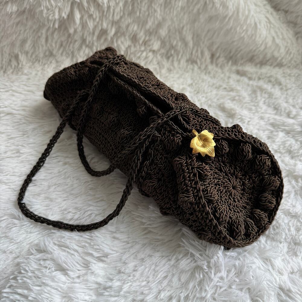 1940s Vintage Brown Cordé Crochet Handbag Gold Leaf Pull Double Handle 14” - Picture 12 of 16